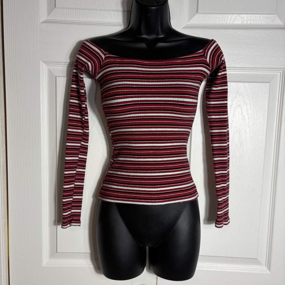Hollister Slim Tee Women XS Red White Striped Ribbed Off Shoulder Long Sleeve